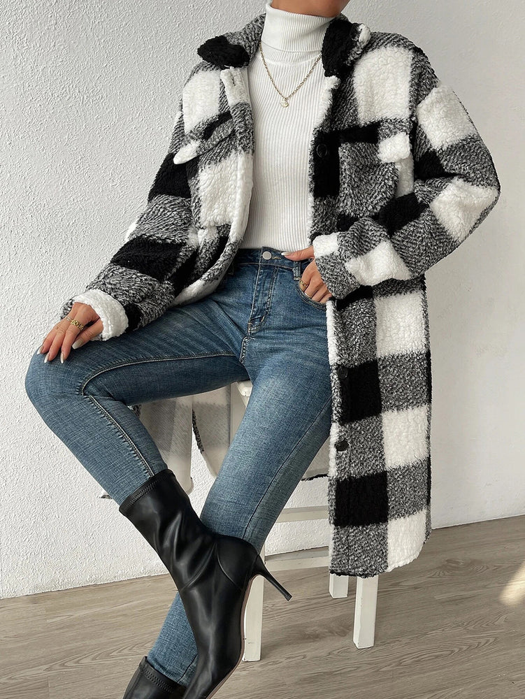 Cross-border Amazon European And American Autumn And Winter Open Button Lapel Plush Plaid Coat Loose Temperament Commuter Long Coat For Women