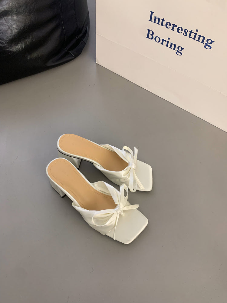 Square Toe Open Toe Satin Thick Heel High Heel Slippers 2024 Spring New Dongdaemun Versatile Simple Sandals And Slippers