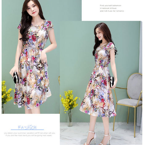 Middle-aged And Elderly Women&#039;s Dress 40-50 Year Old Middle-aged Mother&#039;s Short Sleeve Plus Size Slim Floral Skirt