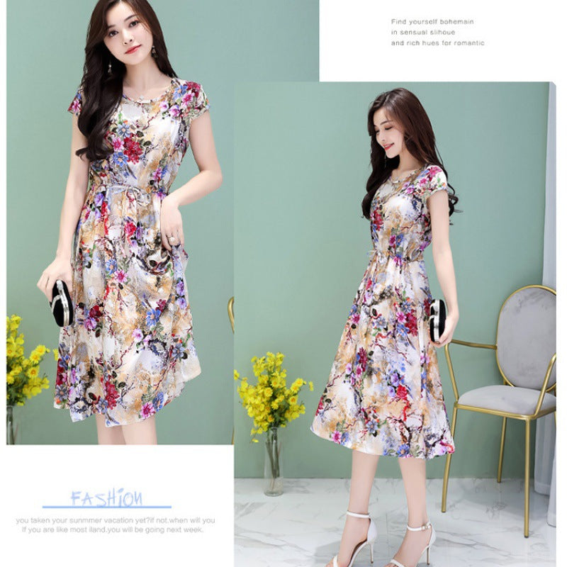 Middle-aged And Elderly Women's Dress 40-50 Year Old Middle-aged Mother's Short Sleeve Plus Size Slim Floral Skirt