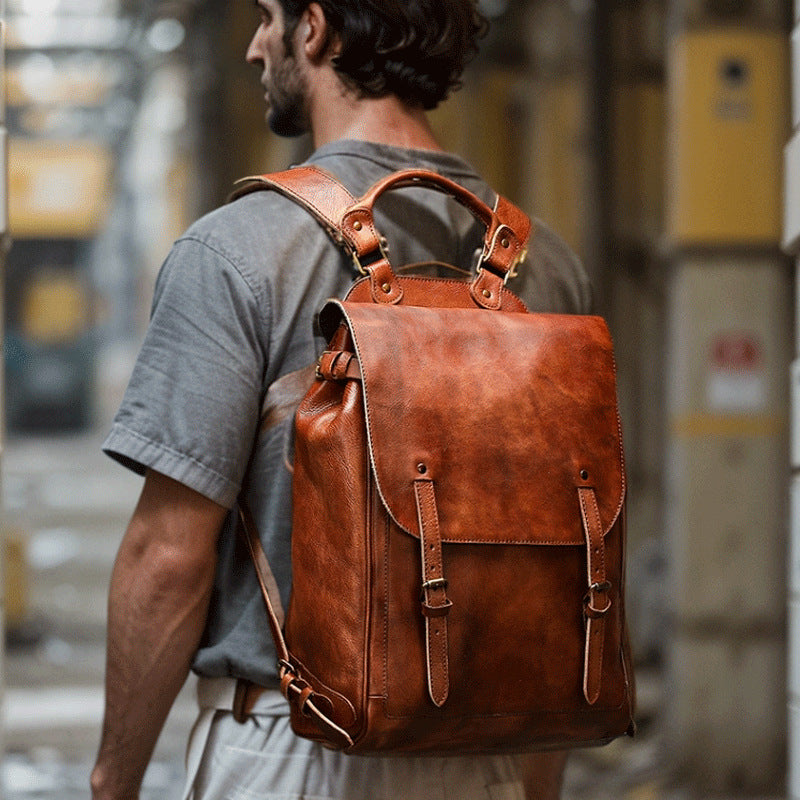 Vegetable Tanned Leather Cowhide Computer Bag Business Backpack Men's Large Capacity Folding Cross-border Computer Men's Travel Backpack