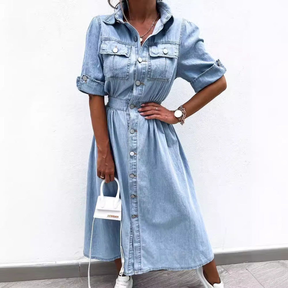 Cross-border TEMU Russian Foreign Trade Amazon 2024 Summer Women's New Button Shirt Short Sleeve Denim Dress