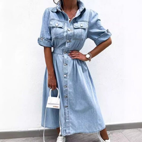 Cross-border TEMU Russian Foreign Trade Amazon 2024 Summer Women&#039;s New Button Shirt Short Sleeve Denim Dress