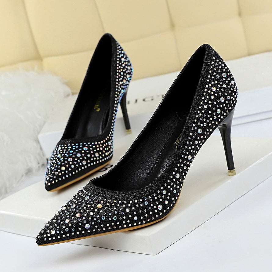 9219-A22 Korean Fashion Wedding Shoes High Heels Stiletto Heel High Heel Shallow Mouth Pointed Sexy Banquet Rhinestone Shoes