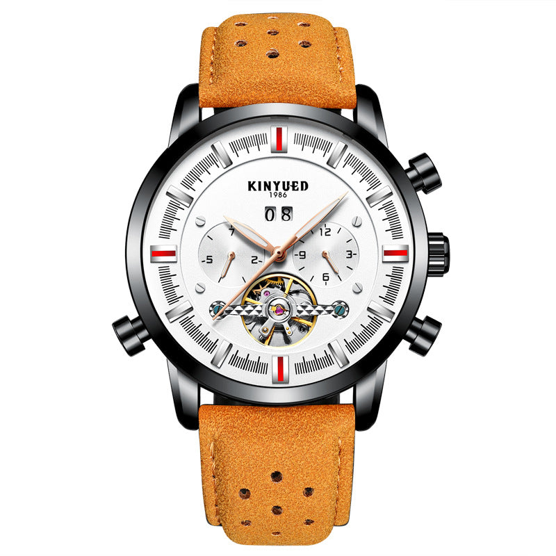 KINYUED Men's Mechanical Watch Multifunctional Double Calendar Automatic Tourbillon Hollow Mechanical Watch