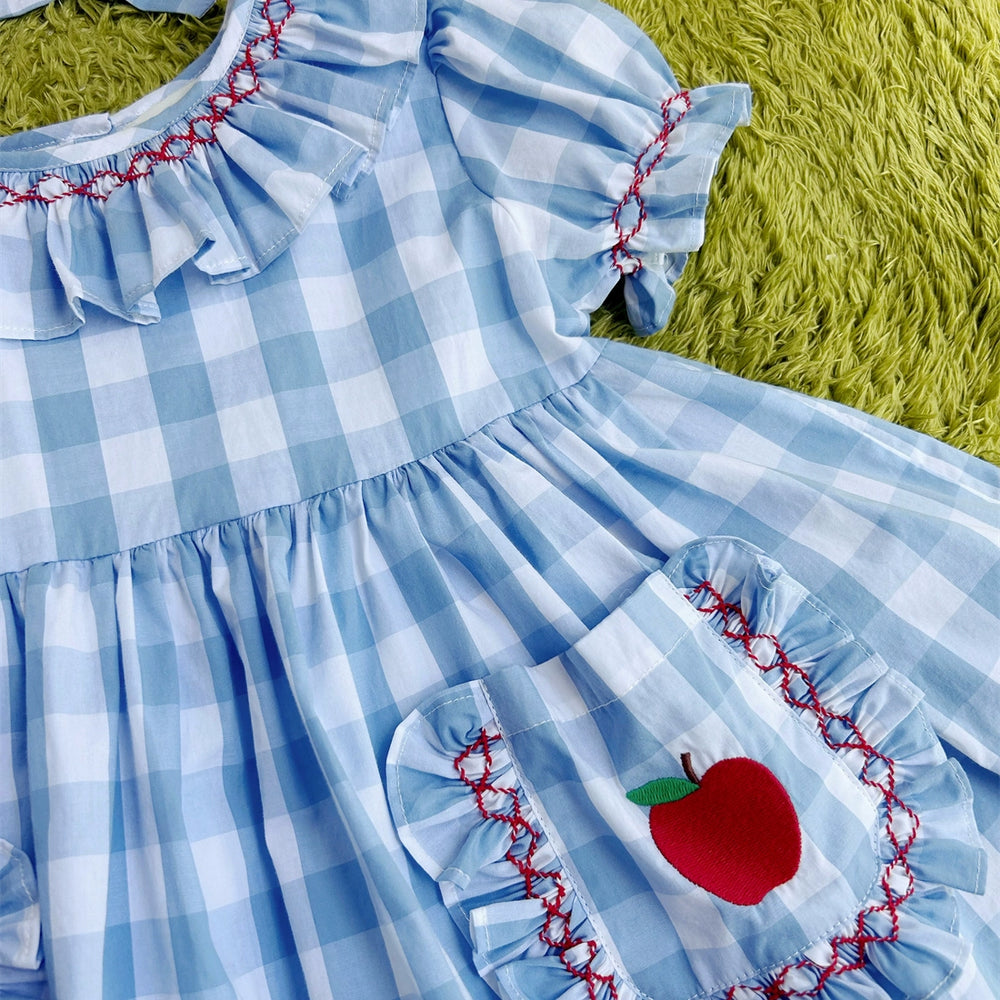 Retro Handmade Blue Check Summer Girls Short Sleeve Dress Suit