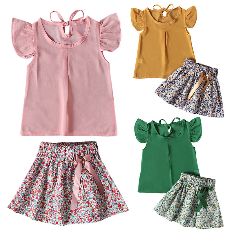 Children's European And American Summer Girls Small Fly Sleeve Top + Bow Floral Skirt Two-piece Children's Clothing Ins