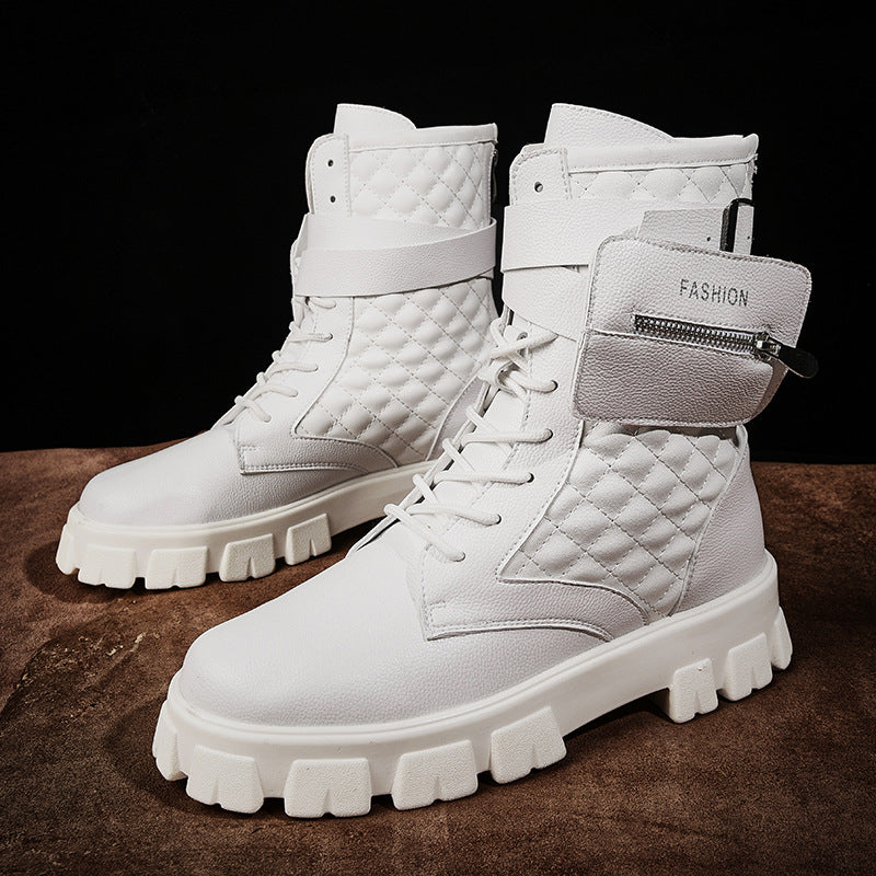 Autumn Men's Explosions Martin Boots White High Top Retro Fashion Show Trendy Pocket Motorcycle Boots