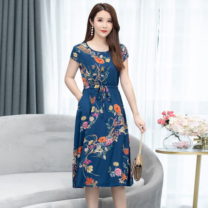 Middle-aged And Elderly Women's Dress 40-50 Year Old Middle-aged Mother's Short Sleeve Plus Size Slim Floral Skirt