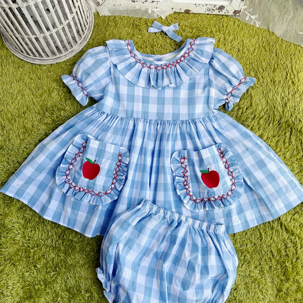 Retro Handmade Blue Check Summer Girls Short Sleeve Dress Suit