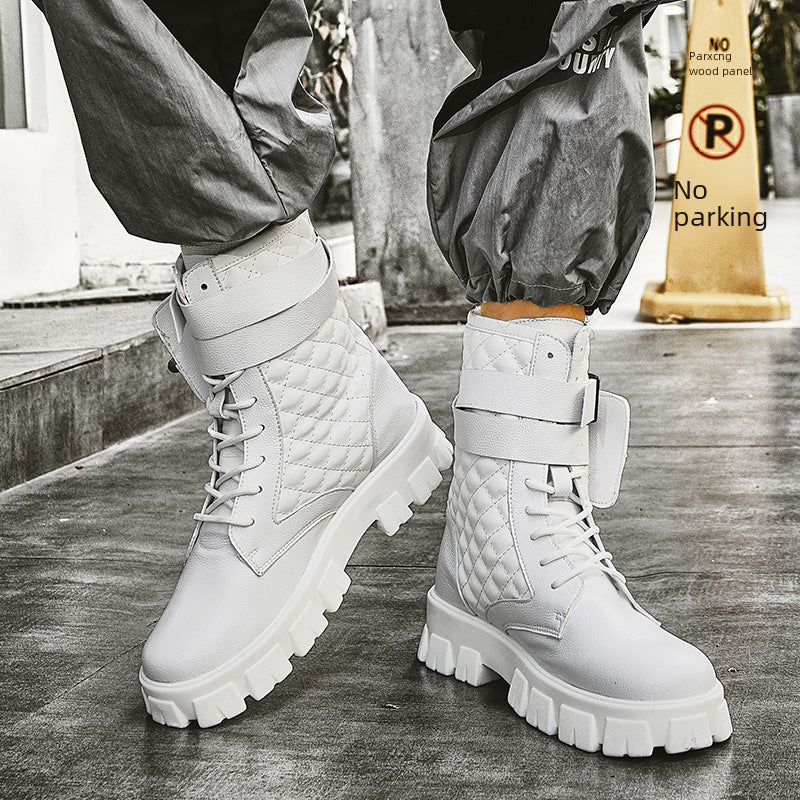 Autumn Men's Explosions Martin Boots White High Top Retro Fashion Show Trendy Pocket Motorcycle Boots