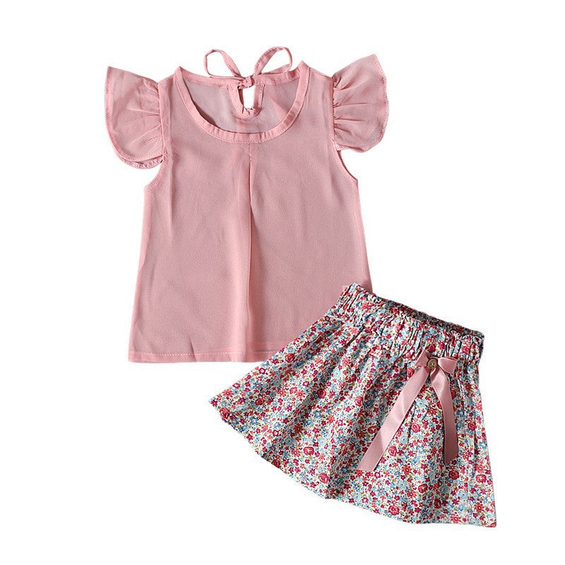 Children's European And American Summer Girls Small Fly Sleeve Top + Bow Floral Skirt Two-piece Children's Clothing Ins