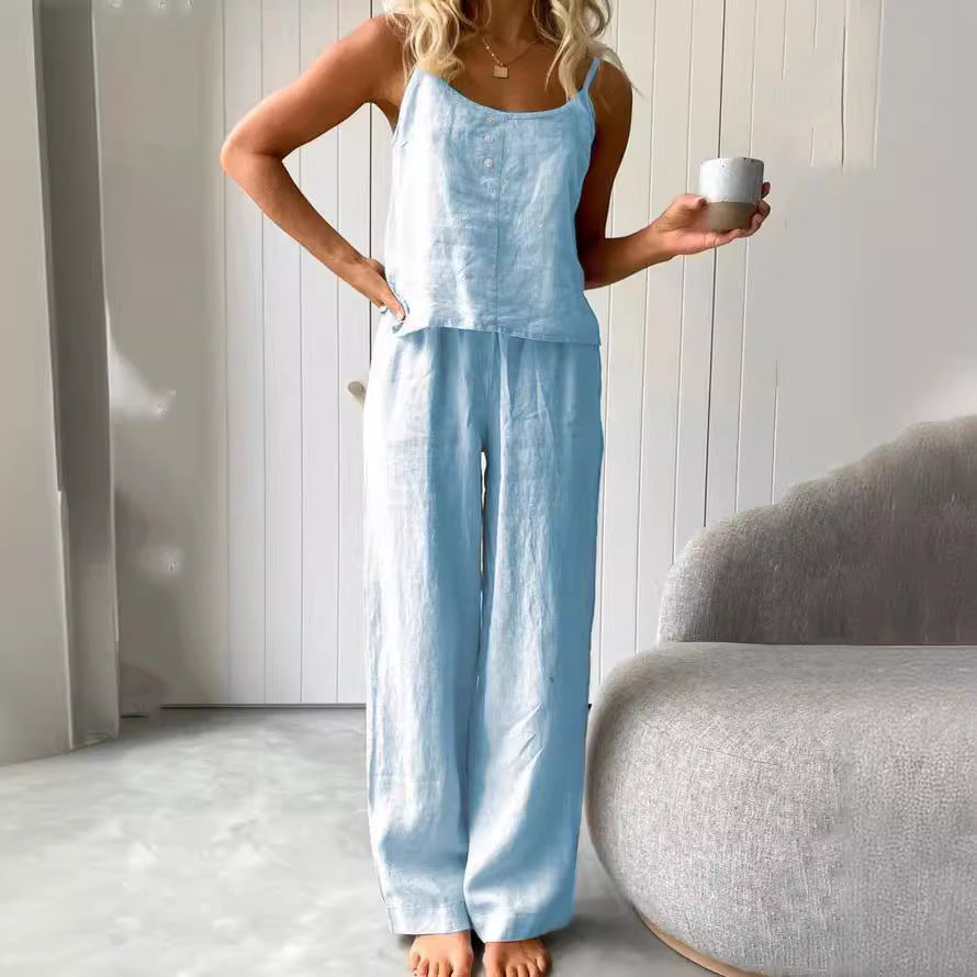 Thin Pajamas Sleeveless Sling Trousers Suit Loose Fashionable Outer Wear Cotton And Linen Home Clothes For Women