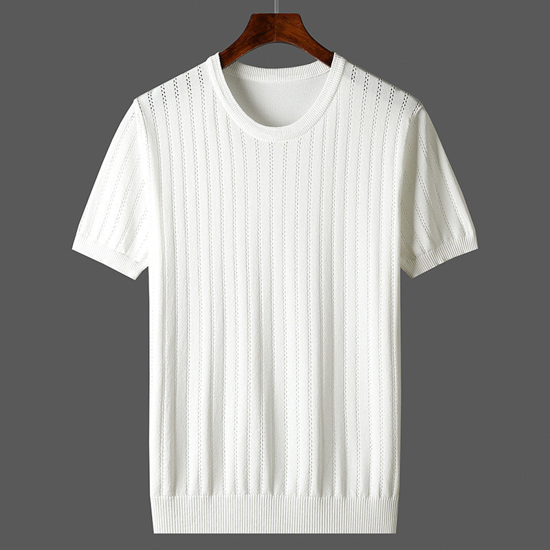 New Summer Hollow Ice Silk Knitted Men's Short Sleeve T-shirt Thin Plus Size Trendy Breathable Round Neck Half Sleeve