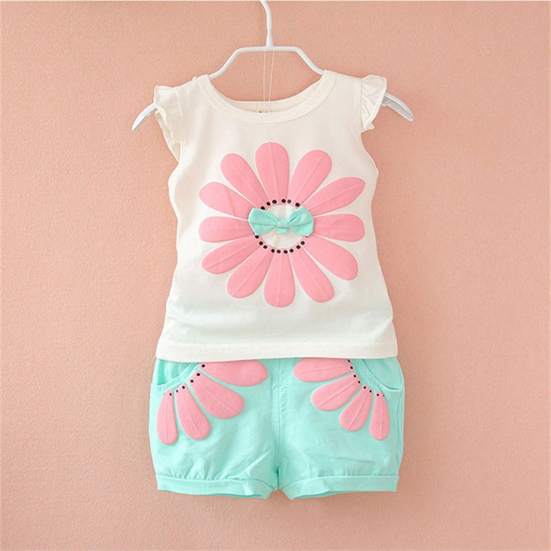 Korean Style Children's Wear Summer Wear Girl's Summer Cartoon Flower Vest Set Baby Girl's Shorts Two-Piece Fashionable Set For 0-4 Years Old