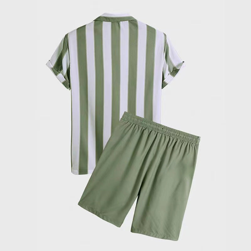 Men's Striped Beach Short Sleeved Shorts Set