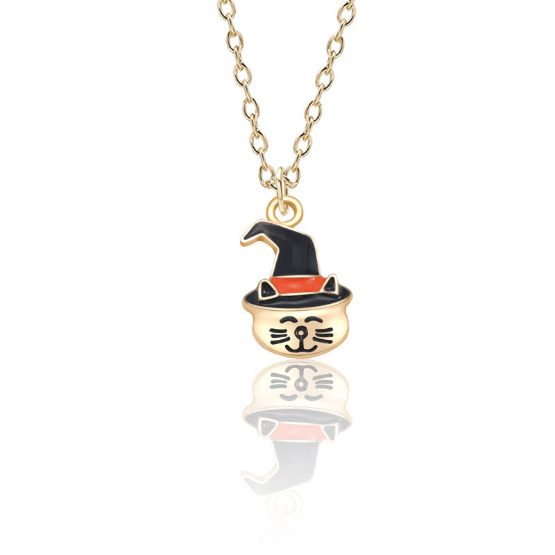 Halloween Oil Drop Pumpkin Cat Necklace Creative Clavicle Chain Pendant Fashion Jewelry Accessories