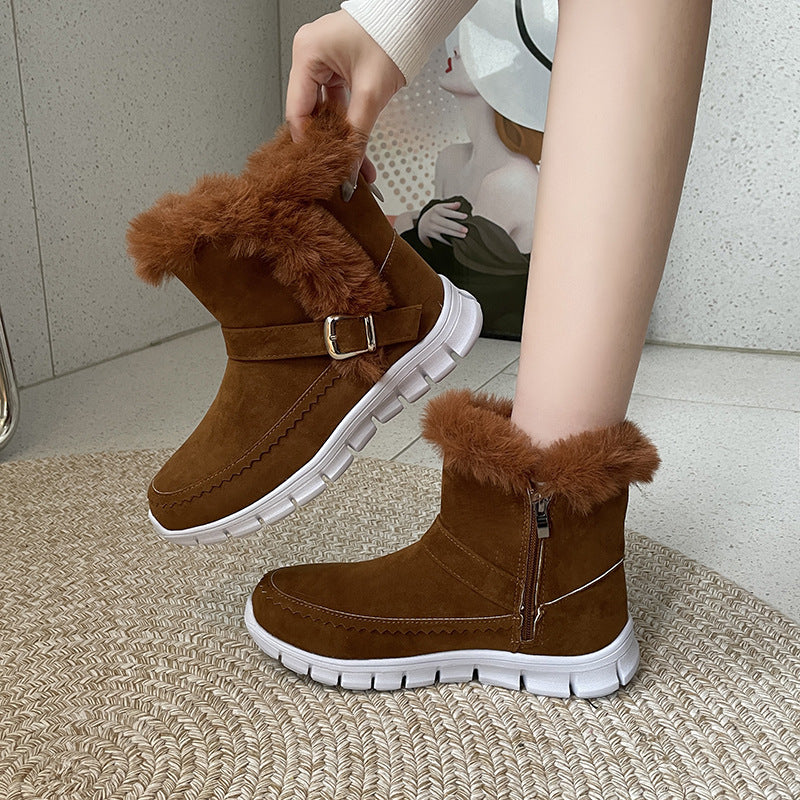 New Snow Boots Winter Warm Thickened Solid Color Plush Ankle Boots With Buckle Design Plus Velvet Flat Shoes For Women