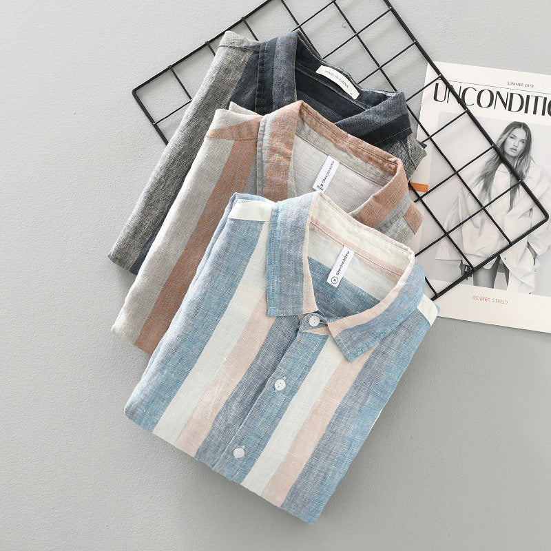 Striped Color Matching Long Linen Sleeves Men's Shirt