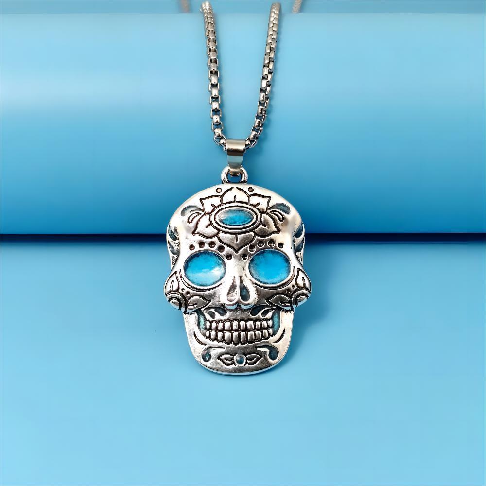 Halloween Luminous Skull Necklace With Day Of The Dead Lotus Pattern Personality Clavicle Necklace Fashion Jewelry Accessories