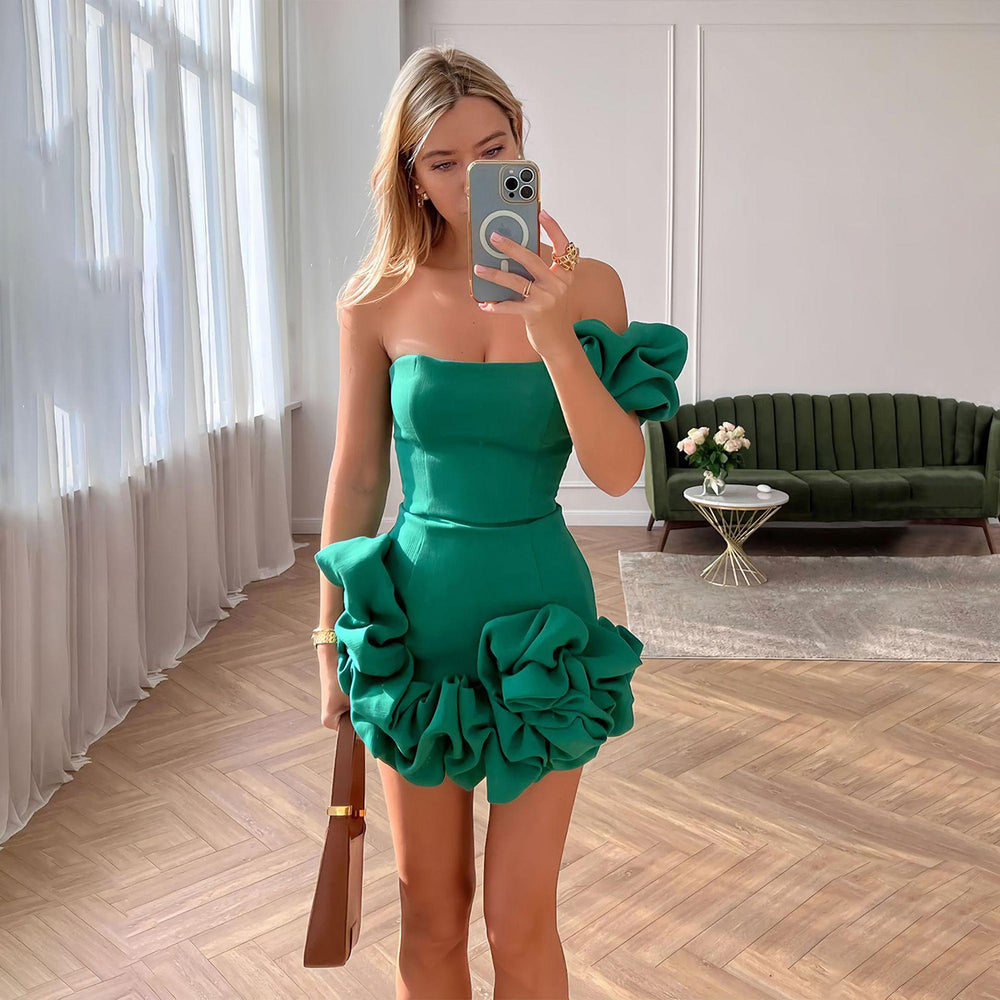 Fashion One-shoulder One-shoulder Dress Sexy Slim Ruffled Flower-bud Design Short Dress For Evening Party Womens Clothing