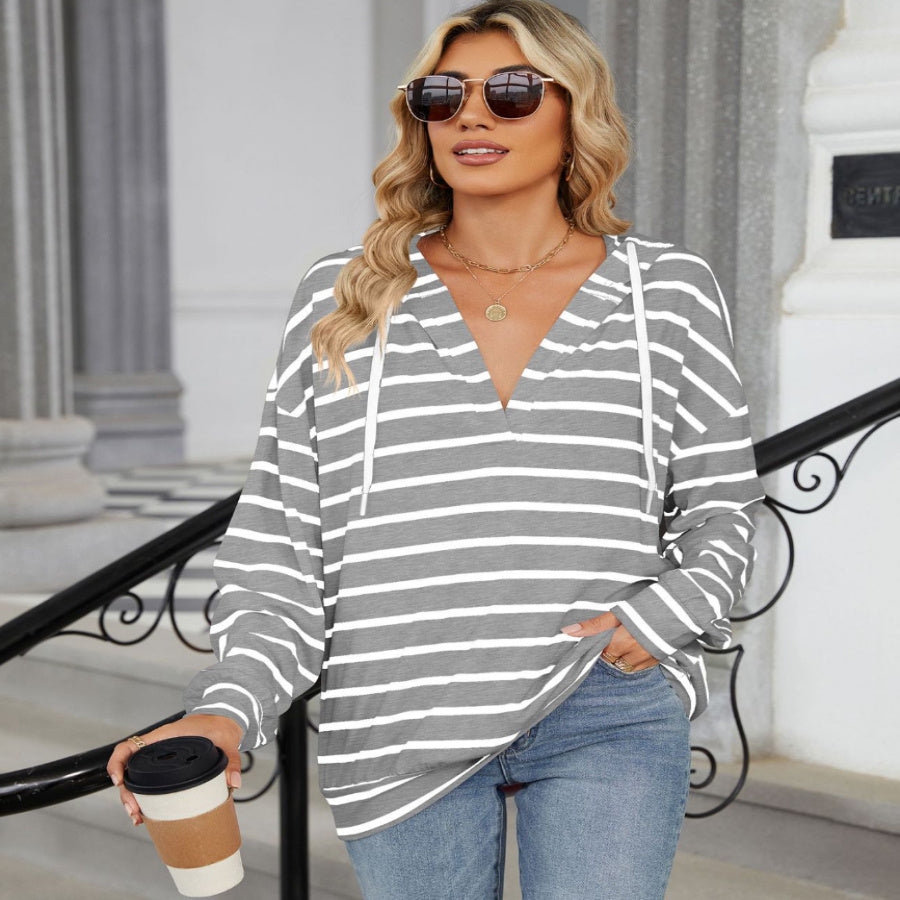 Hoodie With Drawstrings Striped Long Sleeve Sweatshirt Tops