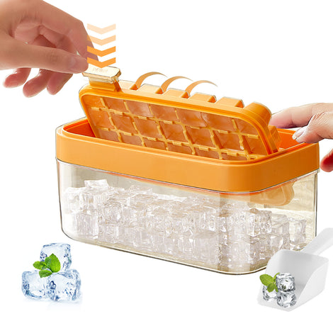 Rotating Ice Cube Tray with Lid and Bin，28 Pcs Mini Ice Cube Trays with Scoop， Ice Maker for Small Freezer, Kitchen Gadgets and Apartment Essentials, Easy-Release