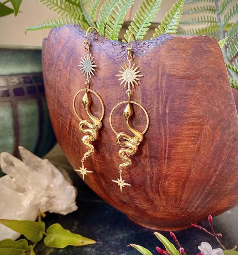 Boho Gothic Circle Gold Snake Earrings