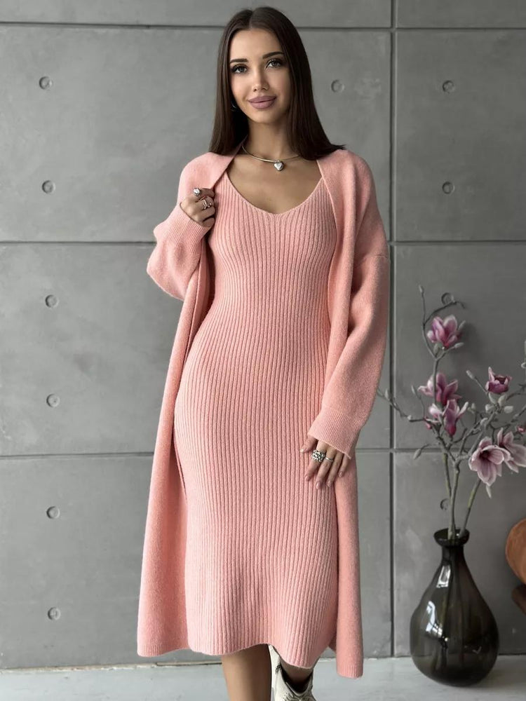 2pcs Knitted Suit Fashion Slim Sleeveless Long Dress And Casual Loose Cardigan Spring Fall Women's Clothing