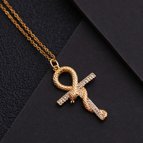 Fashion Copper Micro Inlay Winding Snake Cross Pendant Necklace