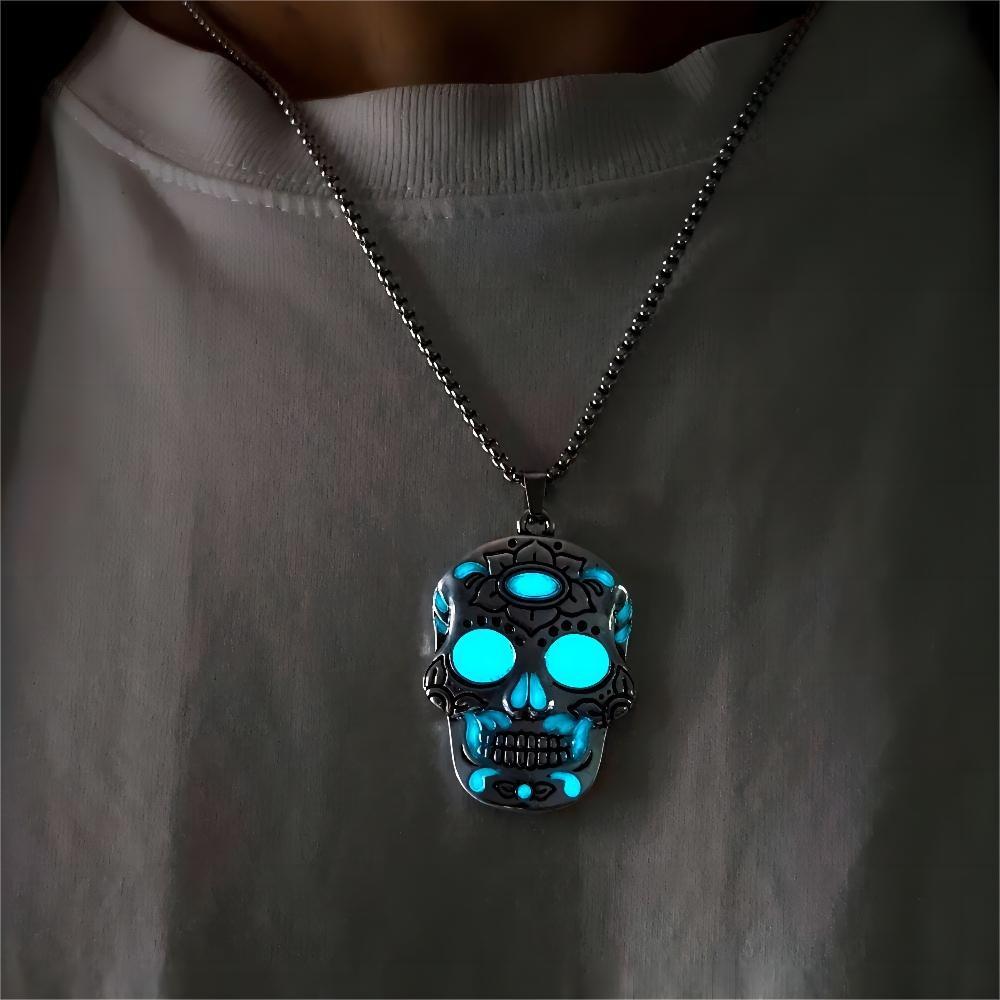 Halloween Luminous Skull Necklace With Day Of The Dead Lotus Pattern Personality Clavicle Necklace Fashion Jewelry Accessories