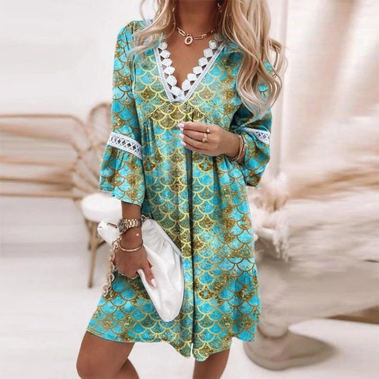 Women's V-neck Printed Lace Stitching Dress