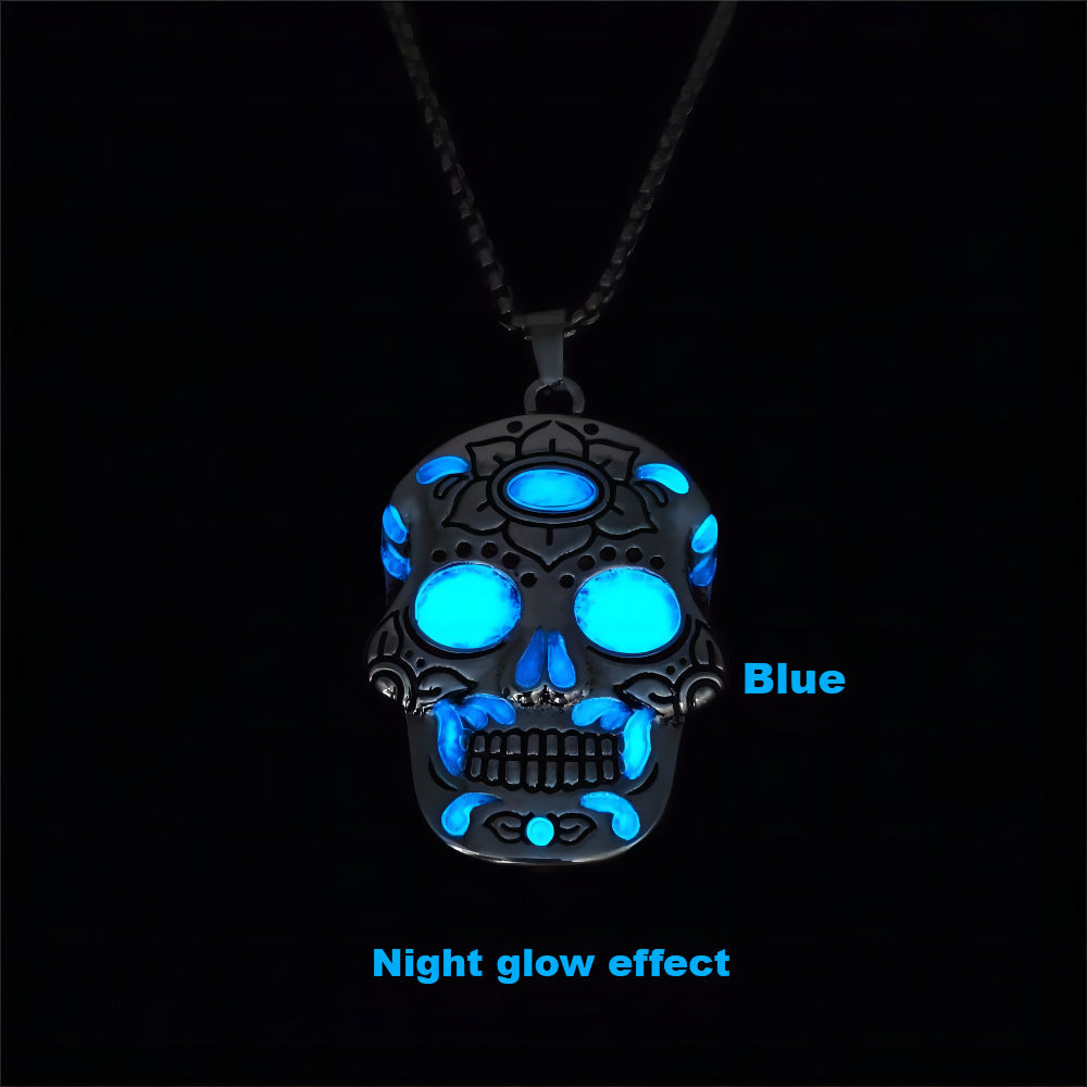 Halloween Luminous Skull Necklace With Day Of The Dead Lotus Pattern Personality Clavicle Necklace Fashion Jewelry Accessories