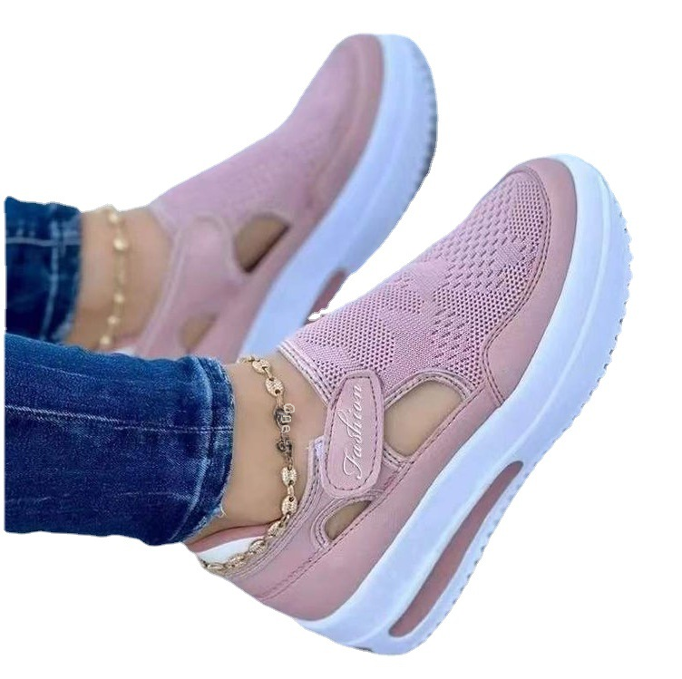 Summer Foreign Trade Large Size Fly-woven Breathable Casual Single-layer Shoes Wedge Heel Thick-soled Hollow Velcro Round Toe Low-top Women's Single-layer Shoes